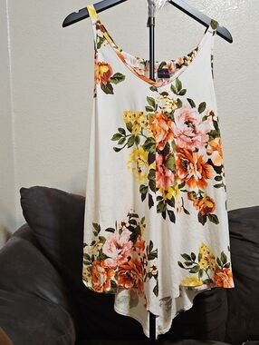 First Love White Floral V-Neck Swing Tank with Orange, Pink & Yellow Blooms